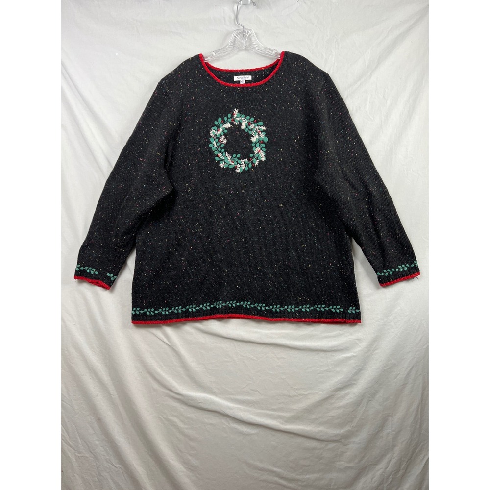 NorthStyle Sweater Women 2X Black Confetti Wreath Embroidered Holiday Pullover